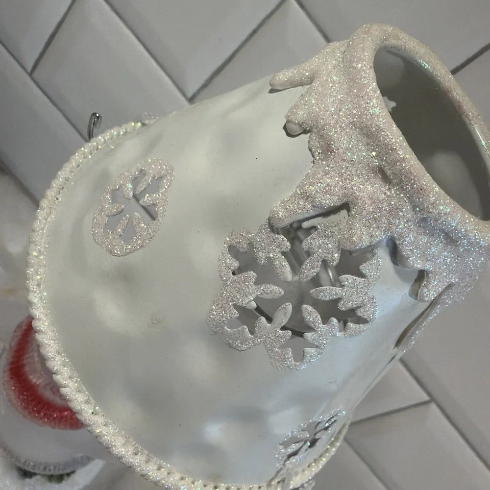 Vintage * Ice Skating Snowman Votive Tea Light Lamp Style * Frosted  Glass 001